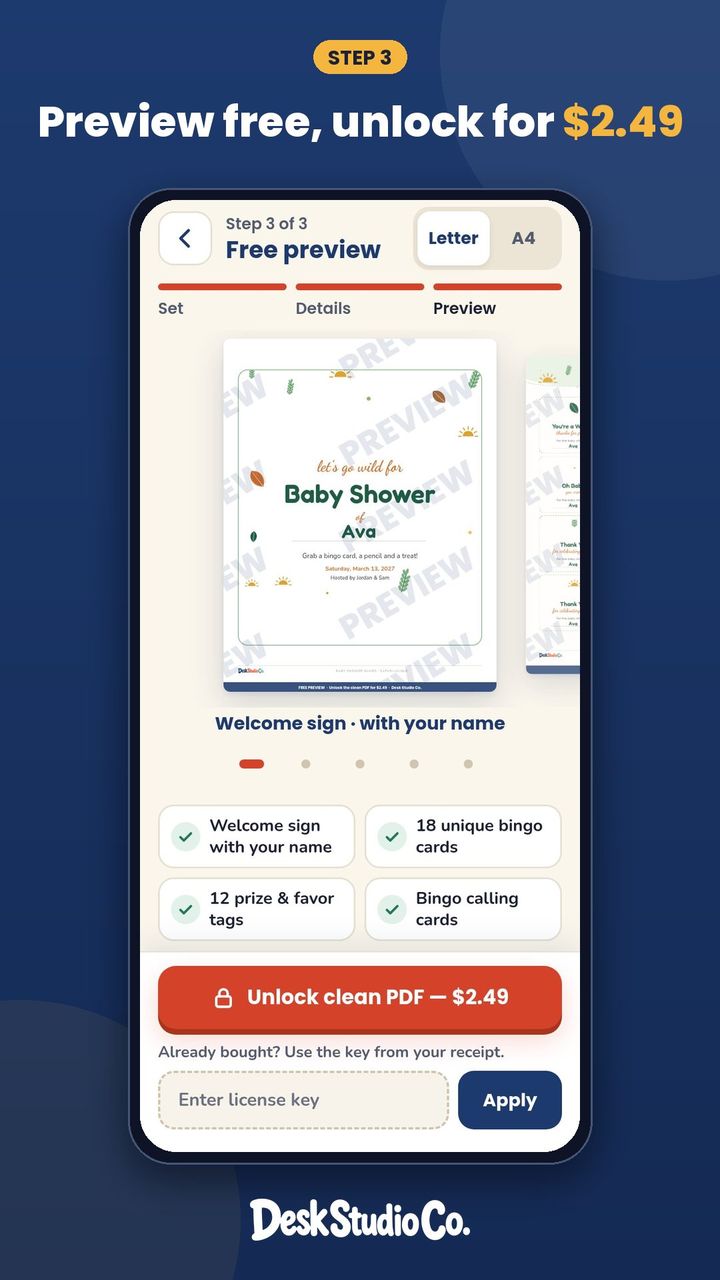 The Custom Party Set preview screen showing a watermarked Safari Jungle welcome sign for Ava and the Unlock clean PDF button for $2.49